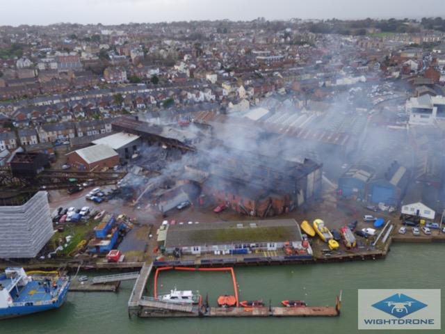 The aftermath of the huge fire in Cowes - photo © Darren Vaughan / www.wightdrone.com
