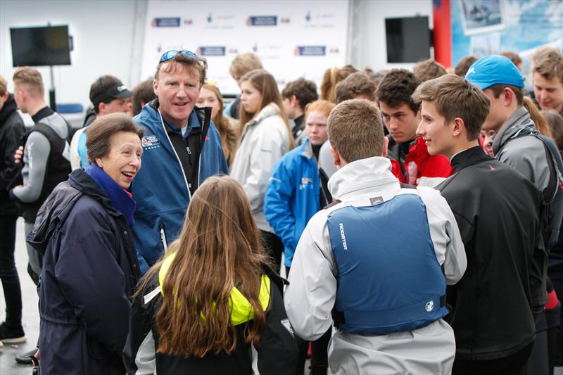 HRH talking to sailors on day 5 of the RYA Youth National Championships photo copyright Paul Wyeth / RYA taken at Plas Heli Welsh National Sailing Academy