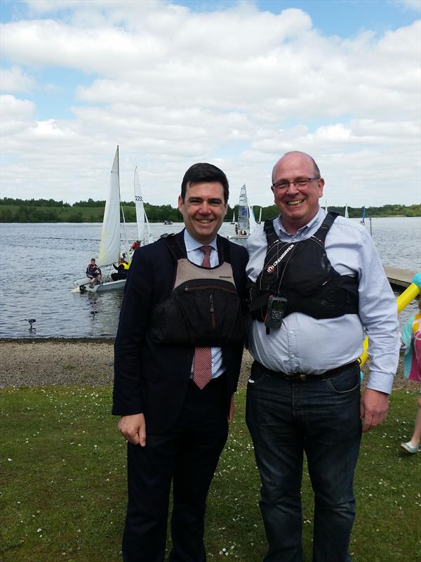 MP Andy Burnham and Mike Barnes, Leigh & Lowton SC Commodore Push the Boat Out photo copyright Stuart Van Den Hoek taken at Leigh & Lowton Sailing Club