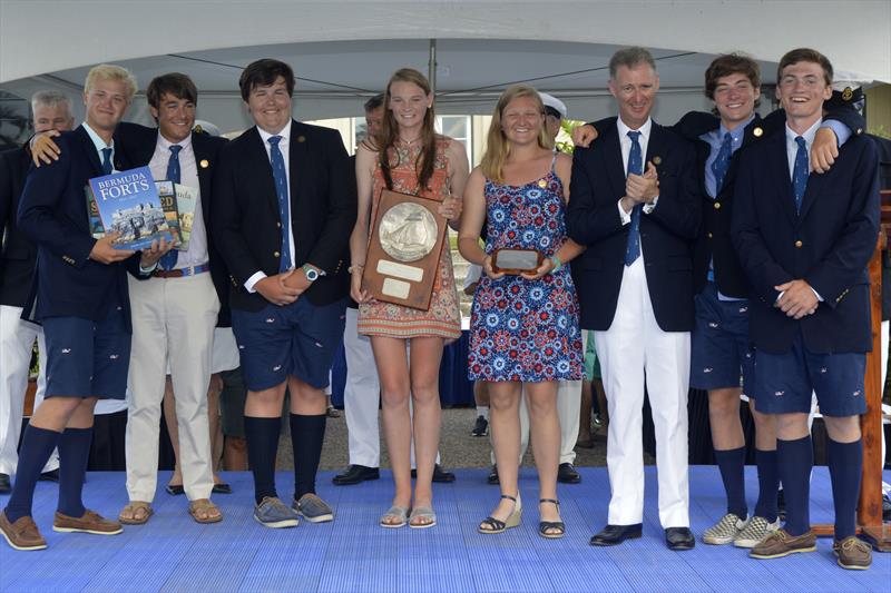The 7 young sailors from HIGH NOON, winners of elapsed time honours for traditional boats, with His Excellency, The Governor of Bermuda, Geroge Fergusson photo copyright Barry Pickthall / PPL taken at Royal Bermuda Yacht Club