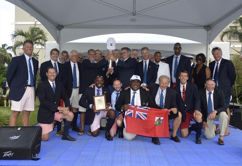 The crew on SPIRIT OF BERMUDA, winners of the SPIRIT OF TRADITION class, with His Excellency, The Governor of Bermuda, Geroge Fergusson photo copyright Barry Pickthall / PPL taken at Royal Bermuda Yacht Club