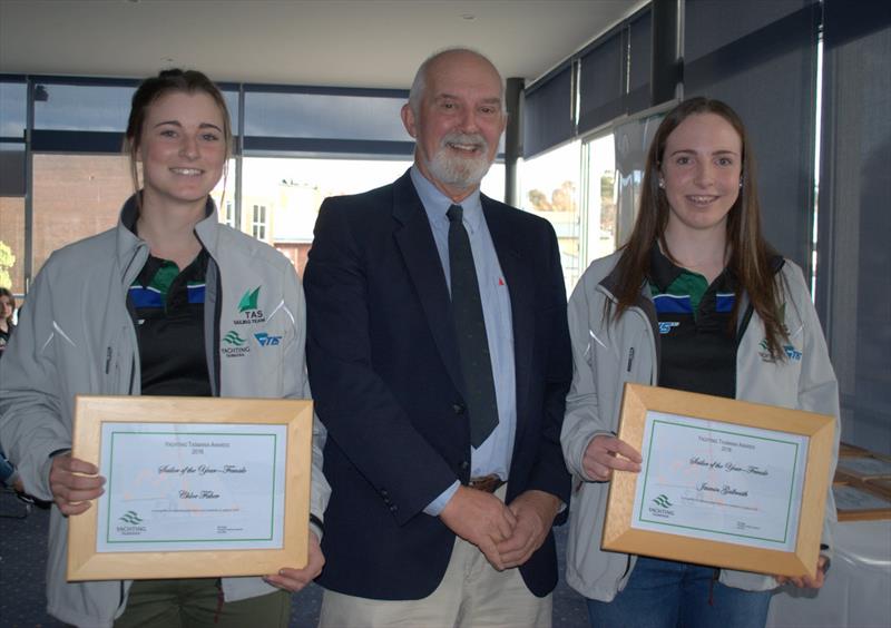 Female sailors of the year Jasmin Galbraith and Chloe Fisher with Yachting Tasmania President Ron Bugg photo copyright Peter Campbell taken at Bellerive Yacht Club