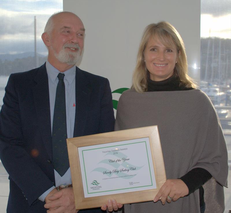 Felicity Allison, vice commodore of Sandy Bay Sailing Club received the citation for Tasmanian Yacht Club of the Year from Ron Bugg photo copyright Peter Campbell taken at Bellerive Yacht Club