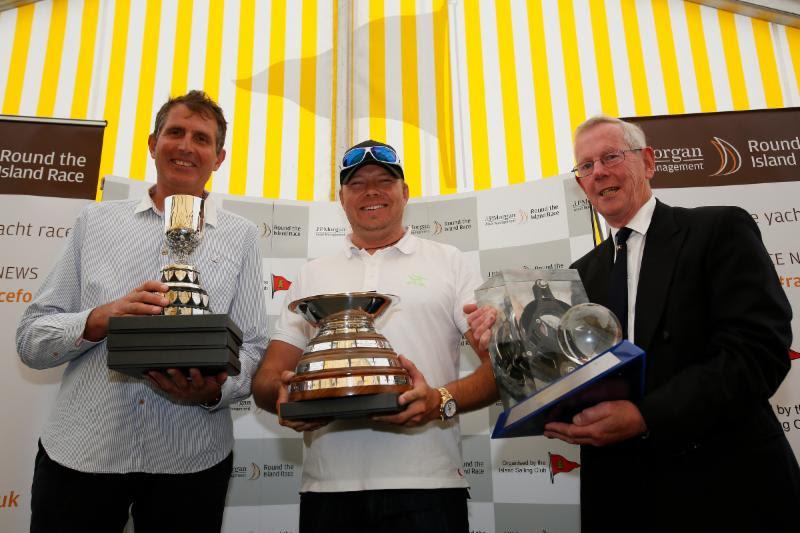 Lloyd Thornburg (centre) and his co-helm Brian Thompson (left) are pictured with Rear Commodore Peter Bingham and their fantastic collection of trophies after their stunning & record-breaking Race on Phaedo^3 photo copyright Patrick Eden taken at 