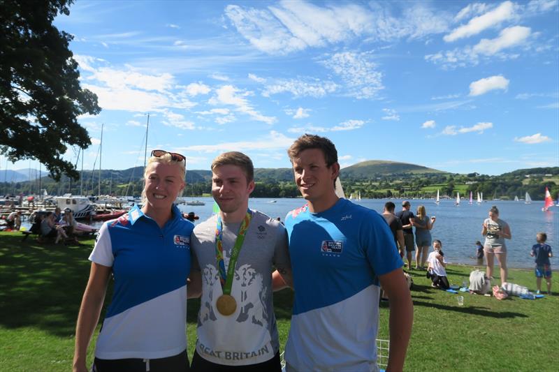 Anna Carpenter and Jack Wetherell of the British Sailing Team with gold medal winning cyclist Philip Hindes photo copyright Sue Giles taken at Ullswater Yacht Club