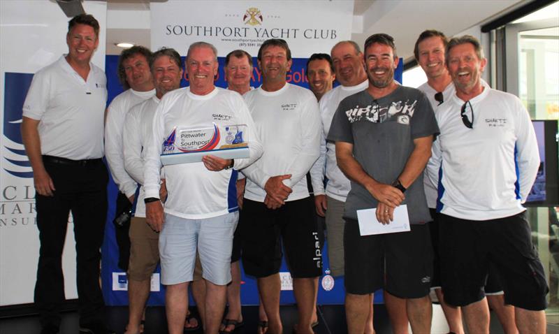 Shakti are all smiles upon receiving their award after winning the Club Marine Pittwater to Southport Yacht Race photo copyright RPAYC Media taken at 