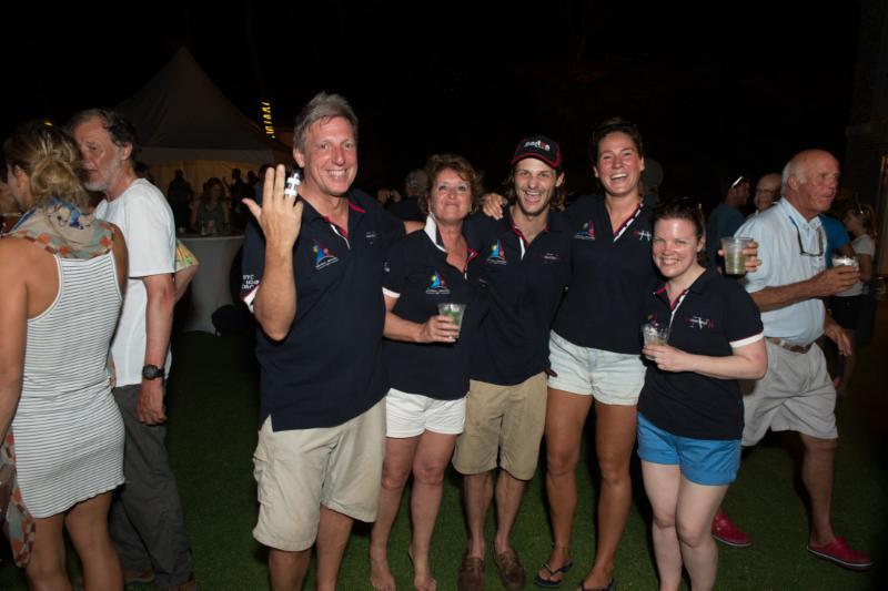 Royal Burnham YC President, Judy Payne-James with Jason and Team Heartbeat IV at the welcome party after the Antigua Bermuda Race photo copyright Ted Martin taken at Royal Bermuda Yacht Club