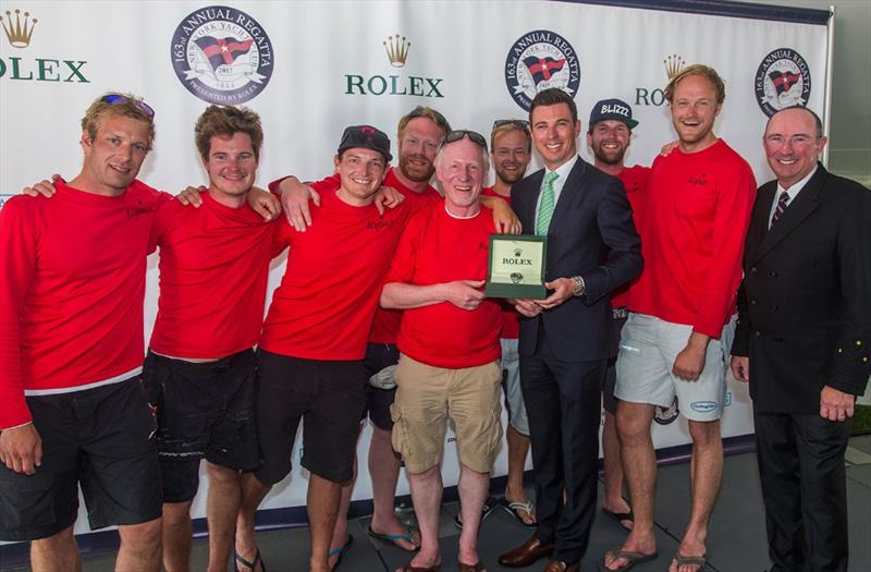 Harald Bruning and his team on the C&C30 Topas win the 63rd New York Yacht Club Annual Regatta together with Dustin Longest of Rolex and NYYC Commodore Philip A. Lotz photo copyright Rolex / Daniel Forster taken at New York Yacht Club