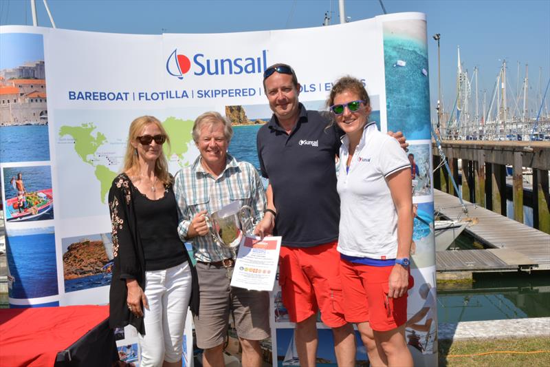(l-r) Lesley  Foulkes (Langham Brewery), Kim Taylor (overall regatta winner on Zest), Adrian Saunders (Event Organiser) and Aleix Eyre (Sunsail Marketing Manager) at the Sunsail Portsmouth Regatta photo copyright Sunsail Portsmouth Regatta taken at Portsmouth Sailing Club