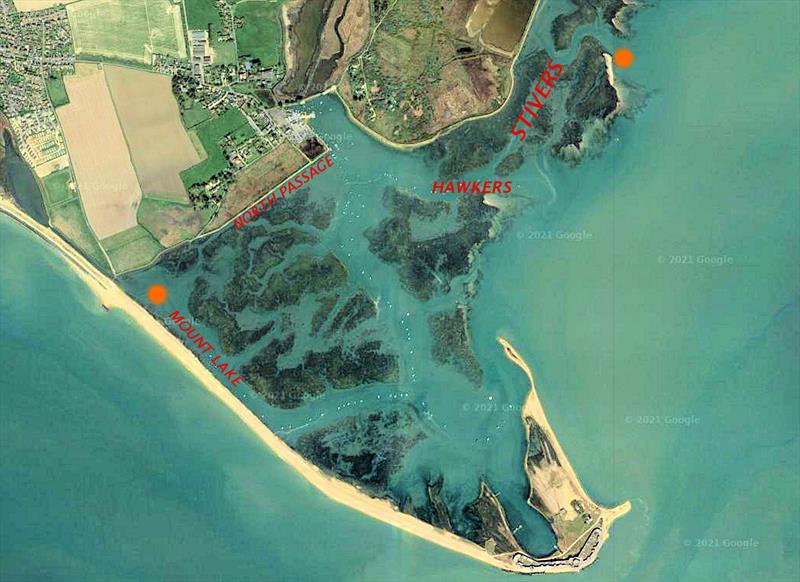 The position of the two buoys in the Four Lakes Race photo copyright Google Maps taken at Keyhaven Yacht Club