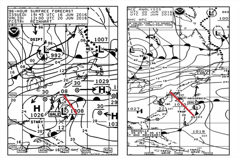 Fig 5(L) On June 16 2016, 96-hour surface weather forecast shows gale-force winds southwest of rhumb line to Bermuda (red bar) Fig 6(R) June 20 surface weather analysis shows less-intense low which quickly moved east providing favorable winds under 25kts - photo © W. Frank Bohlen
