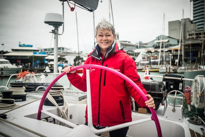 Tracy Edwards aboard  Maiden at the start of the yacht's current world tour with an all-female crew. - photo © Amalia Infante / The Maiden Factor