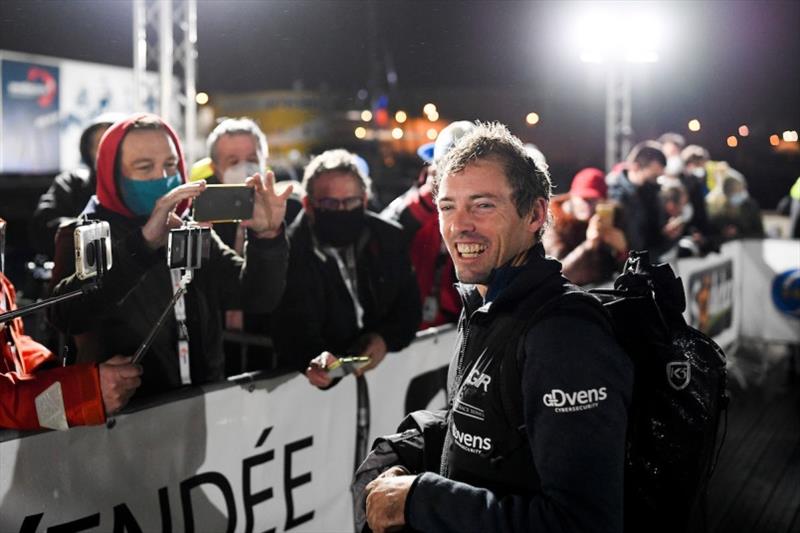 LinkedOut, skipper Thomas Ruyant (FRA), is pictured with media during finish of the Vendee Globe sailing race, on January 28, 2021 photo copyright Jean-Louis Carli / Alea taken at 