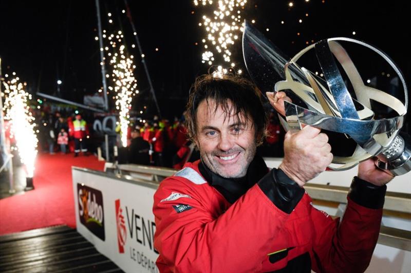  Maitre Coq, skipper Yannick Bestaven (FRA), is pictured with trophy during finish of the Vendee Globe sailing race, on January 28, 2021. - photo © Jean-Louis Carli