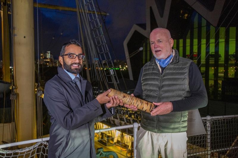Race4Nature - Baton Relay - COP 26 UN Special Envoy for the Oceans, Peter Thomson, and Vel Gnanendran, Director for Climate and Environment, Foreign Commonwealth and Development Office, with the Relay4Nature Baton onboard the Tall Ship Glenlee photo copyright Marc Turner / The Ocean Race taken at 