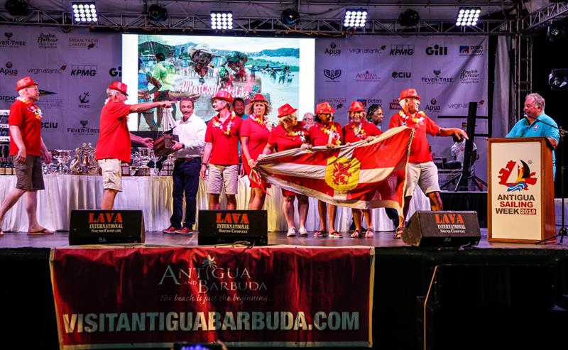 Winners of 2019 Club Class - JigSaw celebrate on stage at Final Prizegiving photo copyright Paul Wyeth / pwpictures.com taken at Antigua Yacht Club