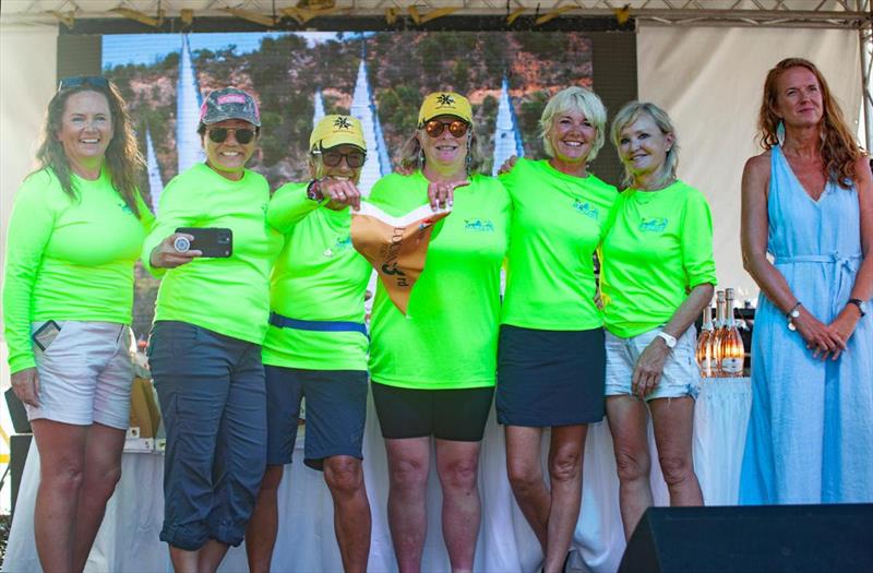The all-women's team on the GS39 Mozart, skippered by Pippa Turton at the daily prizegiving at Antigua Sailing Week 2023 photo copyright Visual Echo taken at Antigua Yacht Club