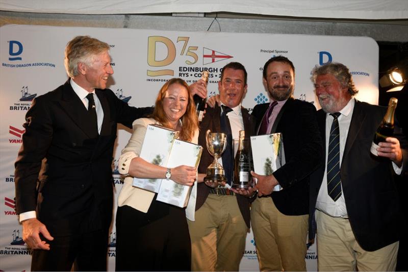 L-R - RYS Rear Commodore Yachting Bruce Huber presents Emma York, Jono Brown and Chris Grosscurth with the Corinthian Edinburgh Cup Trophy and IDA Championship Coordinator Martin Payne presents them with the UK Dragon Grand Prix prize - photo © Rick and James Tomlinson