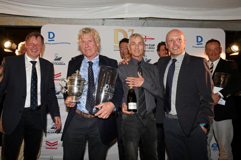 (L-R) James Mansell, Edinburgh Cup competitor and Managing Director of event sponsor Clear Solutions, presents the Edinburgh Cup and and UK Dragon Grand Prix prize to Lawrie Smith, Richard Parslow and Ruairidh Scott (note - Goncalo Ribeiro not present) photo copyright Rick and James Tomlinson taken at Royal Yacht Squadron