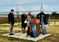 Patriots Point Development Authority Executive Director Allison Hunt, alongside of Mayor of the Town of Mount Pleasant, SC Will Haynie and Charleston Race Week Event Director, Randy Draftz announced a brand new partnership agreement on January 11th © Joy Dunigan / CRW2024