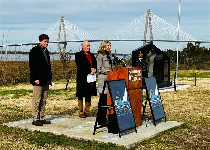 Patriots Point Development Authority Executive Director Allison Hunt, alongside of Mayor of the Town of Mount Pleasant, SC Will Haynie and Charleston Race Week Event Director, Randy Draftz announced a brand new partnership agreement on January 11th - photo © Joy Dunigan / CRW2024