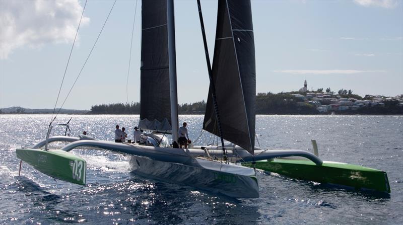Phaedo3 setting out from Bermuda for a world record run to Plymouth photo copyright Rachel Jaspersen taken at  and featuring the MOD70 class