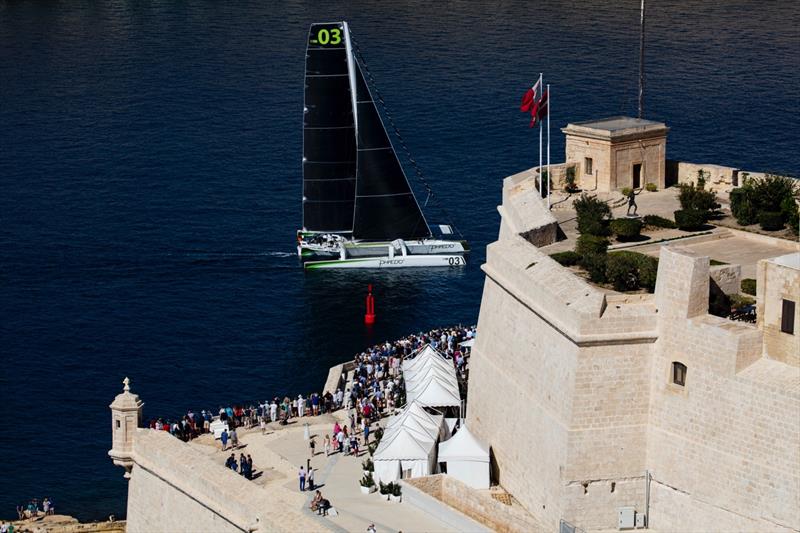 Phaedo3 sets off in the Rolex Middle Sea Race 2016 photo copyright Rachel Fallon Langdon / Team Phaedo taken at Royal Malta Yacht Club and featuring the MOD70 class