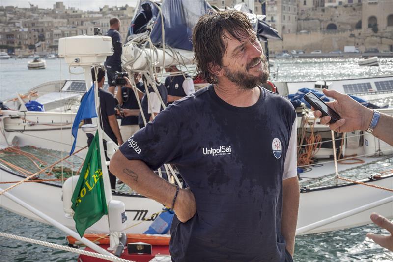 Maserati's Giovanni Soldini interviewed upon arrival in the Rolex Middle Sea Race 2016 photo copyright Kurt Arrigo / Rolex taken at Royal Malta Yacht Club and featuring the MOD70 class
