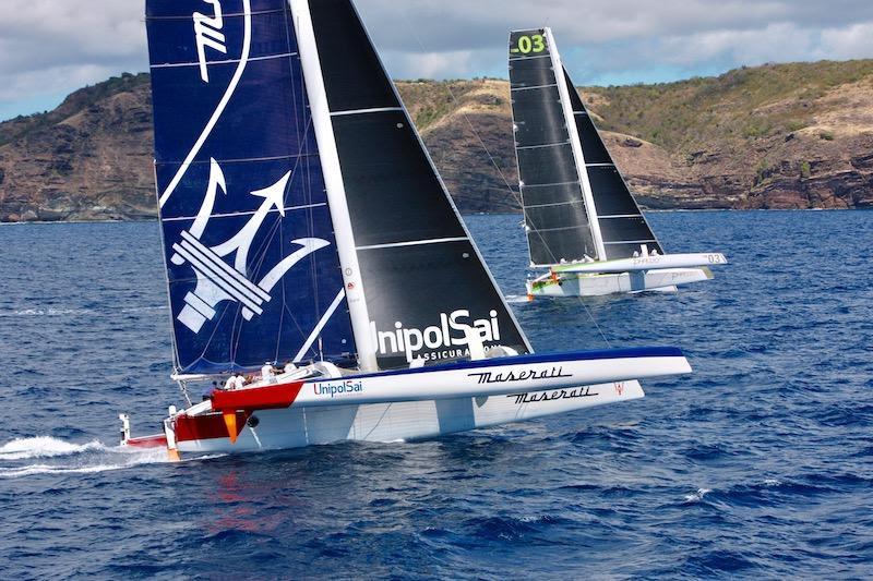 Battle of the MOD70s: Giovanni Soldini's Maserati (ITA) and Lloyd Thornburg's Phaedo3 (USA) at the start of the RORC Caribbean 600 photo copyright RORC / Tim Wright taken at Antigua Yacht Club and featuring the MOD70 class