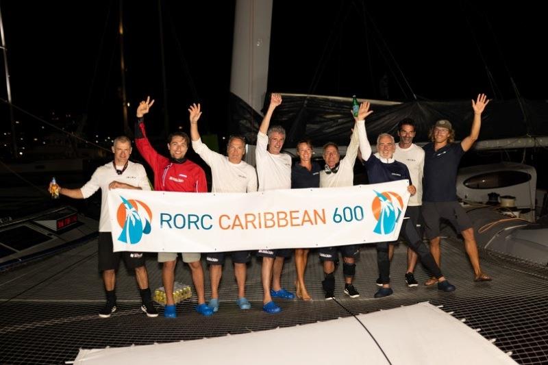 Erik Maris and crew on MOD70 Zoulou after finishing the race - 2024 RORC Caribbean 600 day 3 - photo © Arthur Daniel / RORC