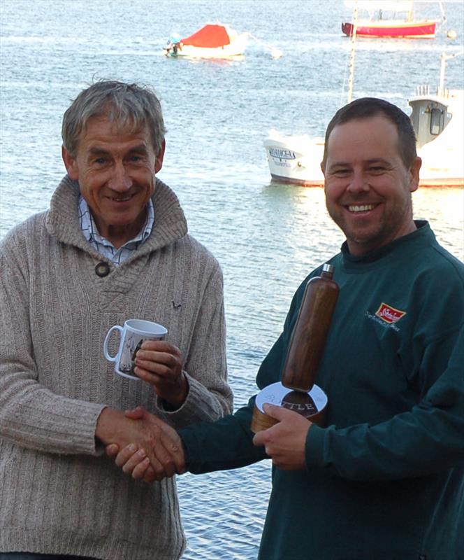 Rob Vice receives his prize mug and trophy after the 2015 Bottle Boat Championship at Waldringfield photo copyright Roger Stollery taken at Waldringfield Sailing Club and featuring the Model Yachting class