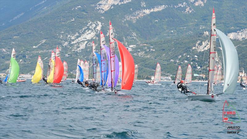 ACO Musto Skiff Worlds at Lake Garda day 2 photo copyright Fleye Aerial Film and Photography taken at Fraglia Vela Riva and featuring the Musto Skiff class