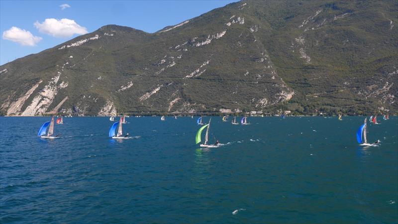 ACO Musto Skiff Worlds at Lake Garda day 4 photo copyright Fleye Aerial Film and Photography taken at Fraglia Vela Riva and featuring the Musto Skiff class