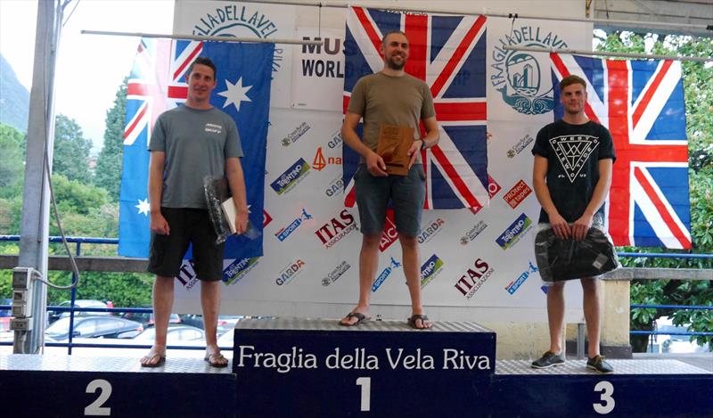 Podium winners in the ACO Musto Skiff Worlds at Lake Garda photo copyright Oliver Southgate / OJSPhotography taken at Fraglia Vela Riva and featuring the Musto Skiff class