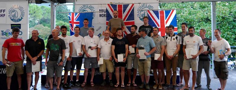 Prize winners in the ACO Musto Skiff Worlds at Lake Garda photo copyright Oliver Southgate / OJSPhotography taken at Fraglia Vela Riva and featuring the Musto Skiff class