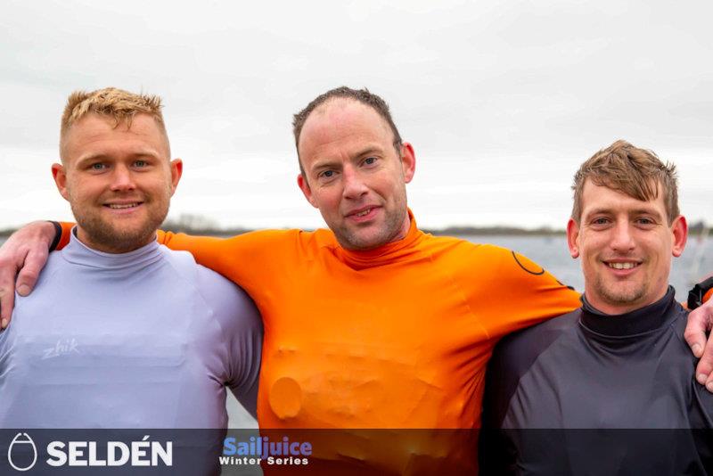 Winner Sam Pascoe with podium finishers Ben Flower and Sam Barker - Prizegiving for the Seldén Sailjuice Winter Series 2023/24 photo copyright Tim Olin / www.olinphoto.co.uk taken at RYA Dinghy Show and featuring the Musto Skiff class