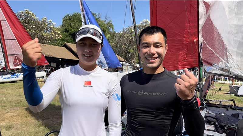 2023 Asian Sailing Championships - Nacra 17 gold medalists from China Huicong Mai and Linlin Chen celebrating gold and a ticket to Paris 2024 - photo © Nima Chandler