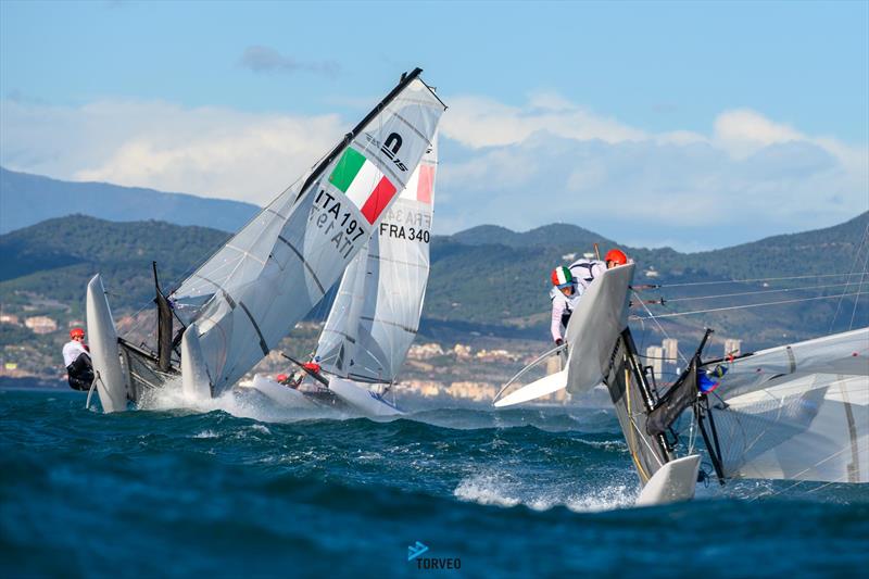 Crazy conditions on Day 1 of the Nacra 15 European Super Series event in Barcelona - photo © Óscar Torveo / Barcelona International Sailing Centre