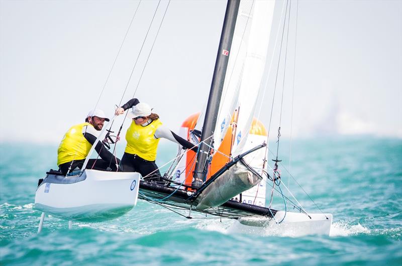 Billy Besson and Marie Riou on day 2 of the ISAF Sailing World Cup Final in Abu Dhabi photo copyright Pedro Martinez / Sailing Energy / ISAF taken at  and featuring the Nacra 17 class