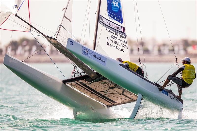 Besson and Riou (FRA) on day 3 of the ISAF Sailing World Cup Final in Abu Dhabi photo copyright Pedro Martinez / Sailing Energy / ISAF taken at  and featuring the Nacra 17 class