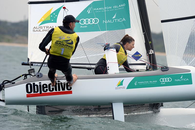 Jason Waterhouse & Lisa Darmanin (AUS) take gold in the ISAF Sailing World Cup Melbourne photo copyright Jeff Crow / Sport the Library taken at Sandringham Yacht Club and featuring the Nacra 17 class