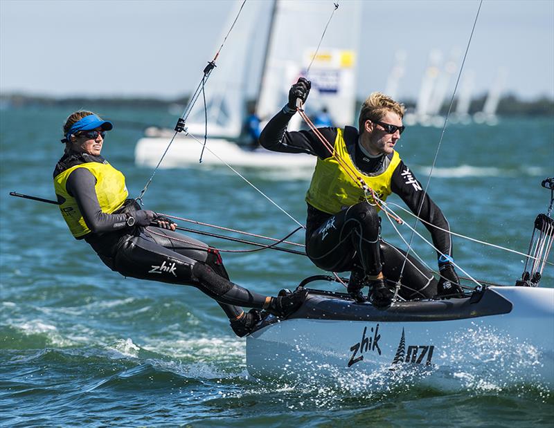 Gemma Jones & Jason Saunders (NZL 222) on day 2 at ISAF Sailing World Cup Miami photo copyright Walter Cooper / US Sailing taken at Coconut Grove Sailing Club and featuring the Nacra 17 class