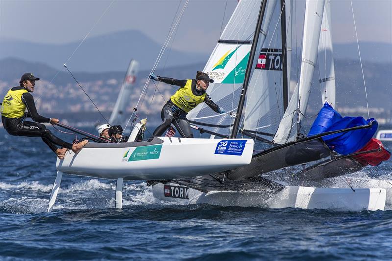 Jason Waterhouse & Lisa Darmanin on day 2 at ISAF Sailing World Cup Hyères photo copyright Beau Outteridge taken at COYCH Hyeres and featuring the Nacra 17 class
