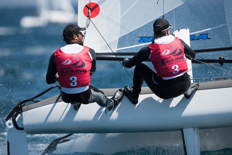 Billy Besson & Marie Riou (FRA) on day 4 at ISAF Sailing World Cup Hyères photo copyright Franck Socha / FFVoil taken at COYCH Hyeres and featuring the Nacra 17 class