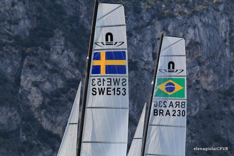 No wind on day 3 of Eurosaf Champions Sailing Cup Leg 2 at Lake Garda photo copyright Elena Giolai taken at Fraglia Vela Riva and featuring the Nacra 17 class