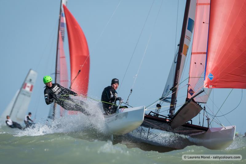 Racing on day 2 of the Nacra 17, 49er & 49erFX Worlds in Clearwater, Florida photo copyright Laurens Morel / www.saltycolours.com taken at Sail Life and featuring the Nacra 17 class