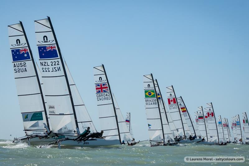 Racing on day 2 of the Nacra 17, 49er & 49erFX Worlds in Clearwater, Florida photo copyright Laurens Morel / www.saltycolours.com taken at Sail Life and featuring the Nacra 17 class