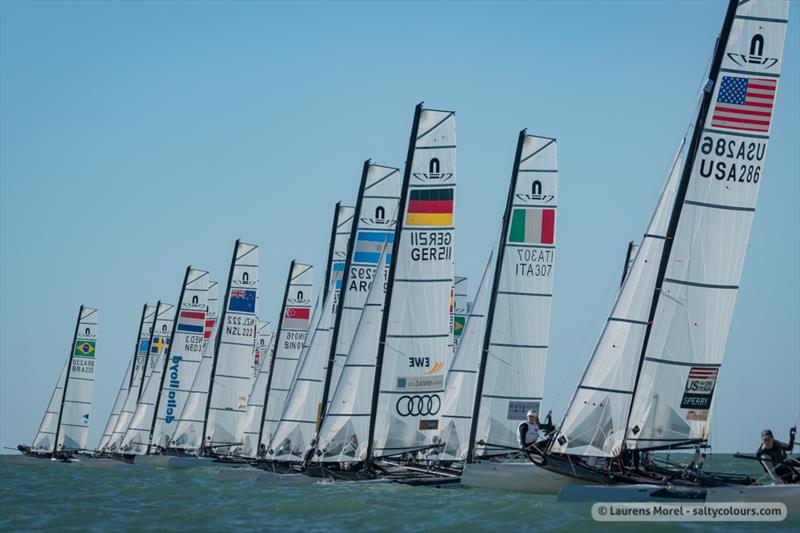 Racing on day 3 of the Nacra 17, 49er & 49erFX Worlds in Clearwater, Florida photo copyright Laurens Morel / www.saltycolours.com taken at Sail Life and featuring the Nacra 17 class