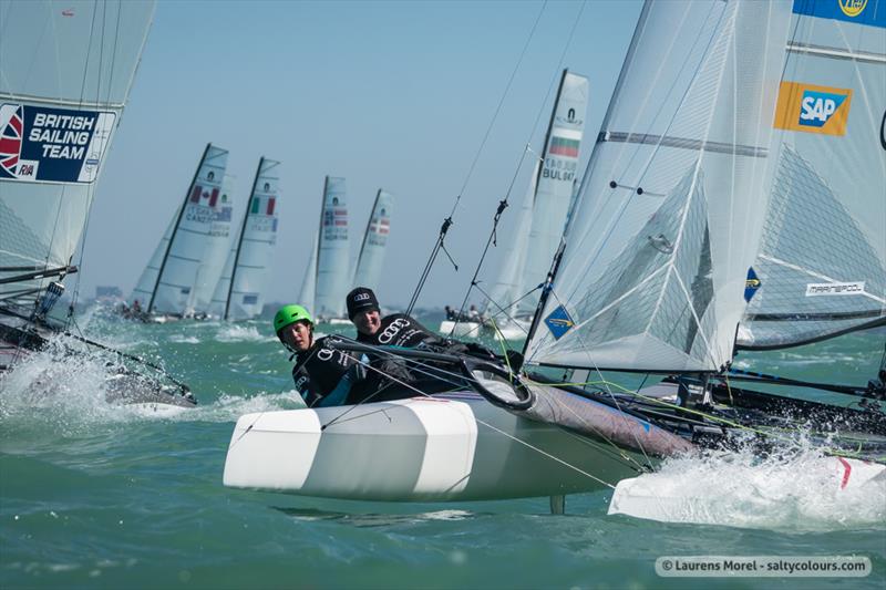 Racing on day 5 of the Nacra 17, 49er & 49erFX Worlds in Clearwater, Florida photo copyright Laurens Morel / www.saltycolours.com taken at Sail Life and featuring the Nacra 17 class