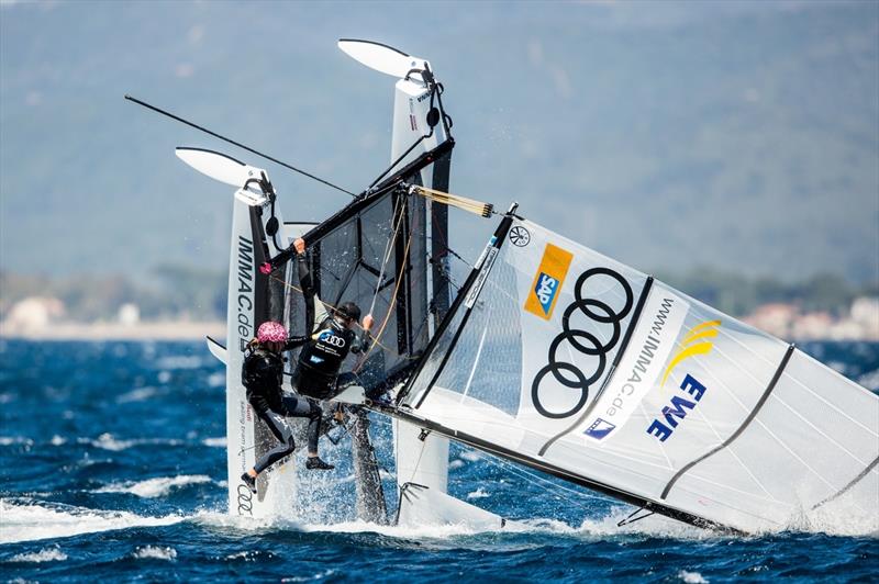 Taking a tumble on day 1 at Sailing World Cup Hyeres photo copyright Pedro Martinez / Sailing Energy / World Sailing taken at COYCH Hyeres and featuring the Nacra 17 class